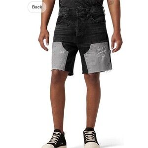 Hudson Mens Carpenter Shorts Sz 42 Black Distressed Denim Button Fly 8” Inseam